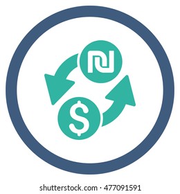 Dollar Shekel Exchange vector bicolor rounded icon. Image style is a flat icon symbol inside a circle, cobalt and cyan colors, white background.