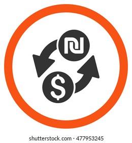 Dollar Shekel Exchange vector bicolor rounded icon. Image style is a flat icon symbol inside a circle, orange and gray colors, white background.