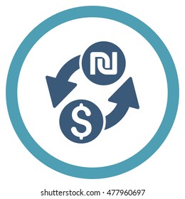 Dollar Shekel Exchange vector bicolor rounded icon. Image style is a flat icon symbol inside a circle, cyan and blue colors, white background.