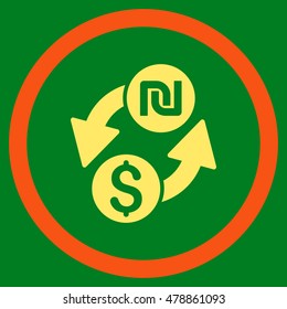 Dollar Shekel Exchange vector bicolor rounded icon. Image style is a flat icon symbol inside a circle, orange and yellow colors, green background.