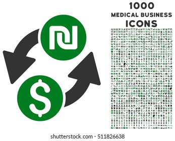 Dollar Shekel Exchange vector bicolor icon with 1000 medical business icons. Set style is flat pictograms, green and gray colors, white background.