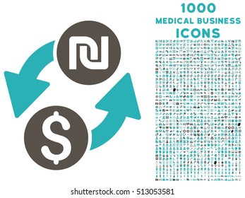 Dollar Shekel Exchange vector bicolor icon with 1000 medical business icons. Set style is flat pictograms, grey and cyan colors, white background.