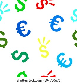 Dollar Shine vector repeatable pattern with dollar and euro currency symbols. Style is flat colored icons on a white background.