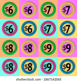 Signo de dólar de 6 a 9 en cuatro versiones sobre un fondo cuadrado en un círculo. Elemento multicolor para una etiqueta de precio o oferta especial.