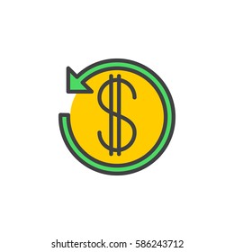 Dollar sign with arrow around line icon, filled outline vector sign, linear colorful pictogram isolated on white. Cashback symbol, logo illustration