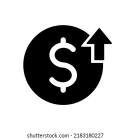 dollar sign with arrow up rounded black filled vector icon, cost raising price icon, financial value