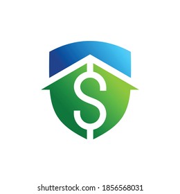 dollar sign with arrow and shield logo, house silhouette with dollar 