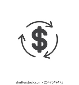 Dollar sign with arrows around vector icon. filled flat sign for mobile concept and web design. Cash Flow glyph icon. Financial health symbol, logo illustration. Vector graphics