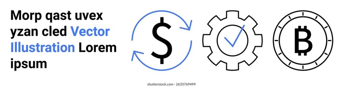Signo de dólar con flechas, engranaje con marca de verificación y símbolo de Bitcoin que enfatiza los conceptos financieros. Ideal para finanzas, inversiones, criptomonedas, blockchain, ahorros, moneda digital, banca