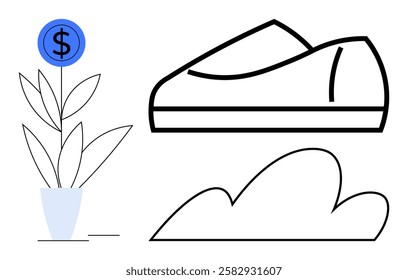 Dollar sign atop a plant pot, a minimalist shoe icon, and a cloud. Ideal for business growth, financial success, investment, dreams, aspirations, simplicity, success mindset. Line metaphor