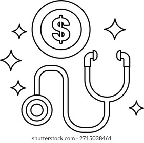 Ein Dollarzeichen ist an einem Stethoskop angebracht. Das Dollarzeichen ist von einer Reihe von Sternen umgeben