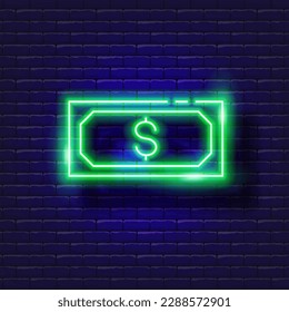 Dollar sign banknote vector neon icon. Finance, money and online banking glowing sign.