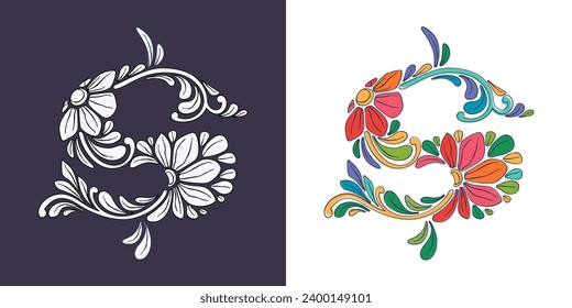 Dollar sign with botanical and flower pattern. Traditional leaves and curved lines embroidery ornament. Icon for wedding ceremony, vintage greeting cards, birthday identity and party invitations.