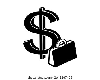 Dollar sign and briefcase symbolize financial success in business, stylized dollar sign, rendered in black, is combined with a briefcase, also in black, dollar, money, finance, business, success, inve