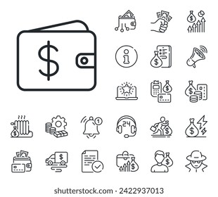 Dollar sign. Cash money, loan and mortgage outline icons. Shopping Wallet line icon. USD Money pocket symbol. Dollar wallet line sign. Credit card, crypto wallet icon. Inflation, job salary. Vector