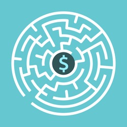 Dollar Sign In Center Of Circular Maze On Turquoise Blue Background. Money, Wealth And Business Concept. Flat Design. Vector Illustration, No Transparency, No Gradients