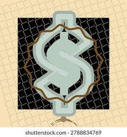 DOLLAR SIGN character artwork in warm golden safari tones with etched inset letterforms and rhombus edge line grid accents pattern