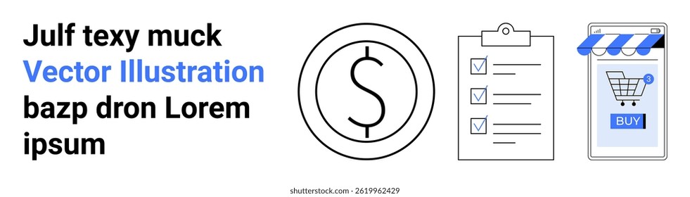Dollar sign, checklist with check marks, mobile shopping cart with buy button. Ideal for financial apps, to-do lists, online shopping, business planning, productivity tools, e-commerce, budgeting
