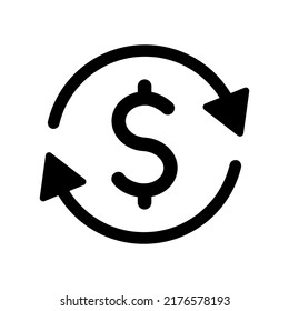 signo de dólar con círculo de flechas, icono simple de vector negro, intercambio financiero, línea no editable