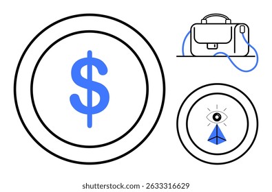 Círculo del Iniciar sesión del dólar, maletín, y ojo con el avión de papel. Ideal para servicios financieros, conceptos empresariales, emprendimiento, identidad corporativa, temas de inversión, promoción empresarial, económica