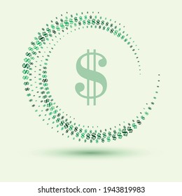 Signo de dólar en forma circular. Efecto de semitono con el signo de moneda estadounidense.