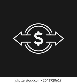 Dollar Sign in Circle with Horizontal Arrows on Black Background, Representing Currency Exchange or Money Conversion, White Outline Icon