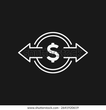 Dollar Sign in Circle with Horizontal Arrows on Black Background, Representing Currency Exchange or Money Conversion, White Outline Icon