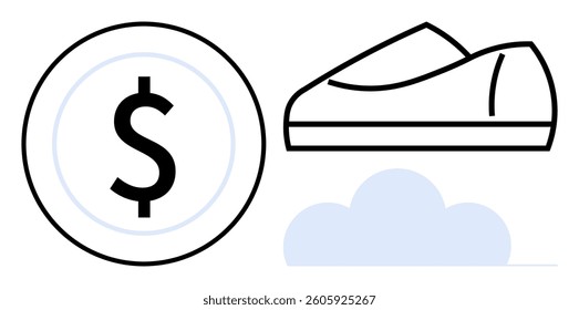 Dollar sign in circular ring next to minimalist shoe icon above minimalistic cloud. Ideal for fashion, retail, e-commerce, branding, financial planning, marketing, and business presentations. Line