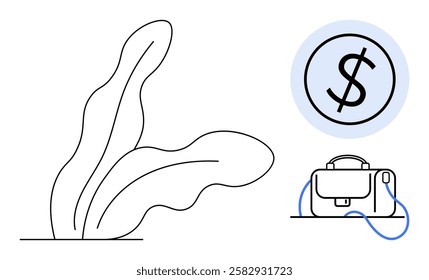 Dollar sign coin in blue circle, professional briefcase, and leafy plant in minimalist line art. Ideal for business growth, investment planning, financial success, entrepreneurship, corporate