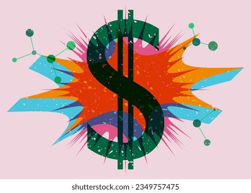 Dollar Sign with Colorful geometric shapes. Business in trendy riso graph design. Geometry elements with Currency Symbol, abstract risograph print texture style.