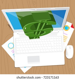 Dollar sign coming out from a lap top screen. Vector illustrated cartoon, online, e-business concept.