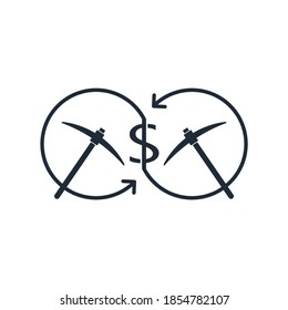 Dollar sign connecting arrows, pickaxe working tool. Joint Effort - collaboration  working  on an economic project. Vector icon isolated on white background.