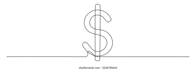 Dollar sign continuous one line drawing art. Money dollar linear symbol. Vector isolated on white.