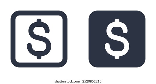 Dollar sign or Currency simple icons set designed in filled, outline, line and stroke style