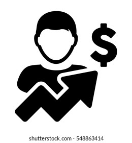 Dollar Sign Currency Symbol Icon Vector With Male Person Growth Arrow Avatar for Business and Finance Report in Glyph Pictogram illustration 