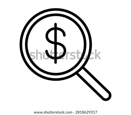 Dollar sign currency symbol inspected under magnifying glass line art vector icon. Financial audit, tax inspection, expense review, and dollar currency search.