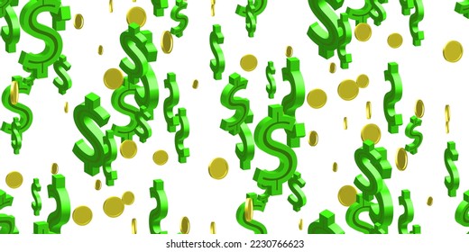 Dollar sign. Current dollar. Seamless pattern of realistic 3D green symbols dollar and rotating gold coins in different positions. Can be used for ad, poster, banner of american money exchange. Vector