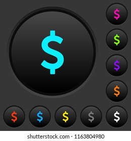 Dollar sign dark push buttons with vivid color icons on dark grey background