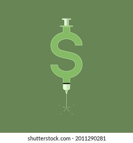 Dollar sign decorated with syringe injection. Conceptual illustration of money injection. Vector illustration outline flat design style.