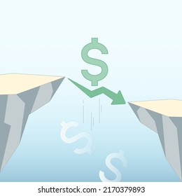 Dollar sign and decreasing arrow between the cliffs has a chance of falling into the abyss. Investment risk concept. Vector illustration outline flat design style.