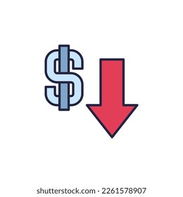 Dollar Sign and Devaluation Arrow vector Currency Value Lowering concept colored icon or logo element