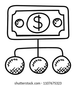 
Dollar sign distributing different hubs showing concept of business networking. 
