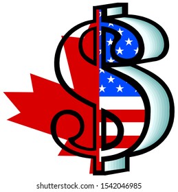 A dollar sign divides the flags of Canada and the United States.