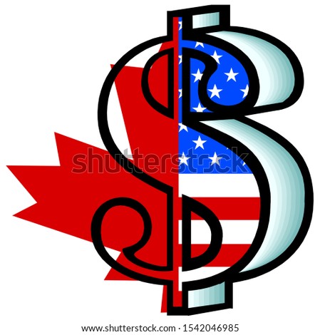 A dollar sign divides the flags of Canada and the United States.