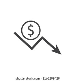 Dollar sign with down arrow icon. Gain loss. 