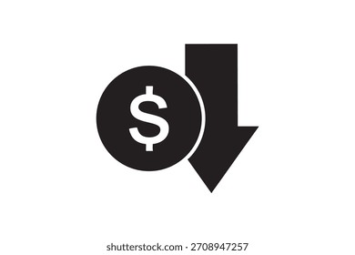 Dólar com ícone de seta para baixo representando perda, queda de preço e declínio de mercado