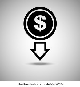 Dollar sign with down arrow icon. Flat style. Grey background. Vector illustration.