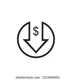 Dollar Sign And Down Arrow, Price Or Income Isolated On White Background. Vector Illustration