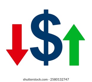 Dollar sign with up and down arrows, capital raising and lowering, decrease or increase interest rates, investment concept