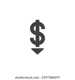 A dollar sign with a downward arrow vector icon. filled flat sign for mobile concept and web design. Cost Efficiency glyph icon. Reducing expenses symbol, logo illustration. Vector graphics